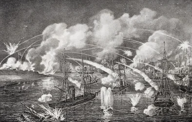 1862年、ルイジアナ州フォートジャクソンへの深夜の海上砲撃